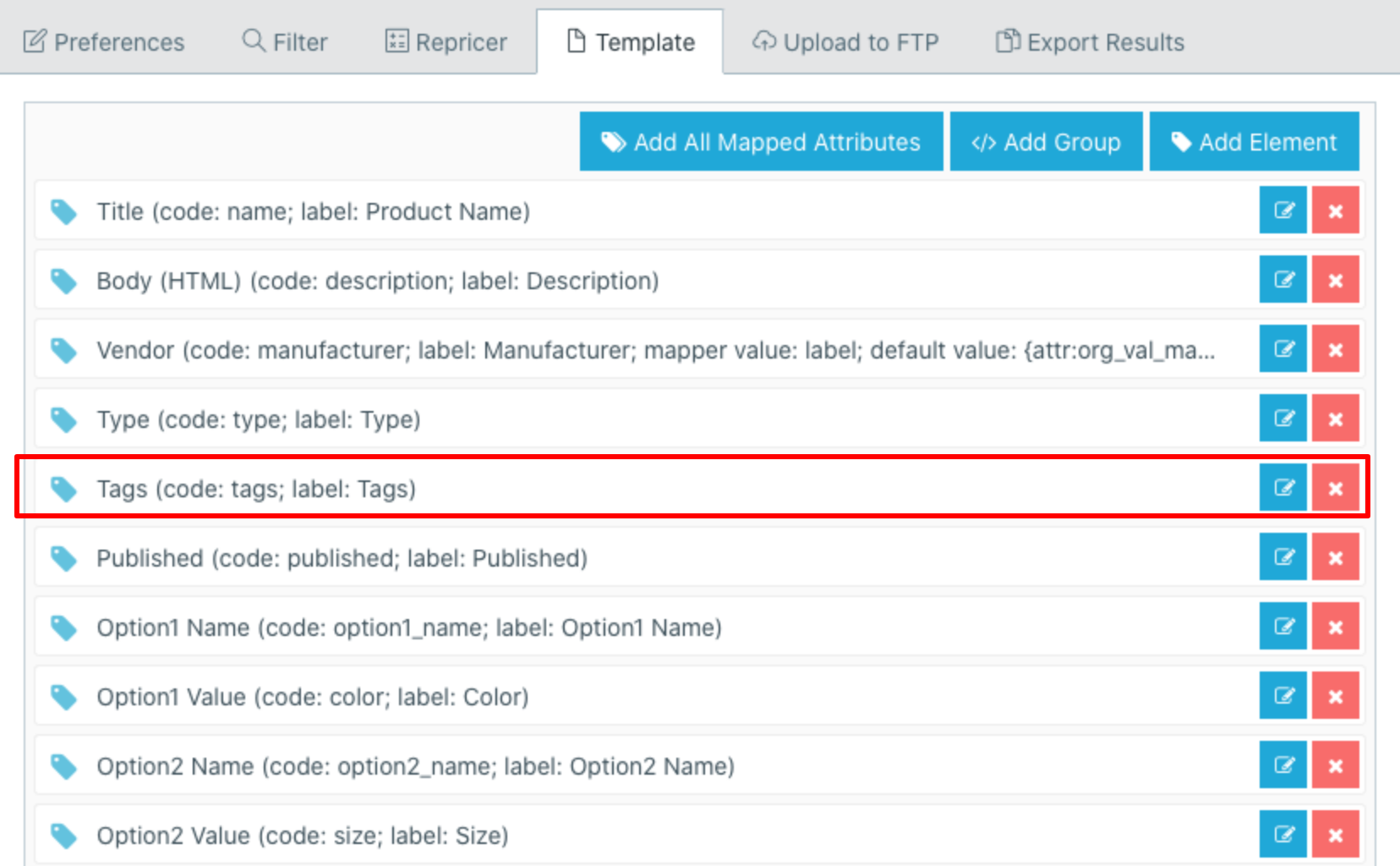 Tags export template