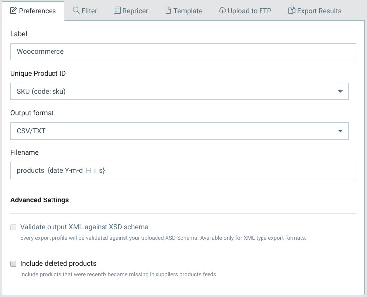 WooCommerce export profile settings